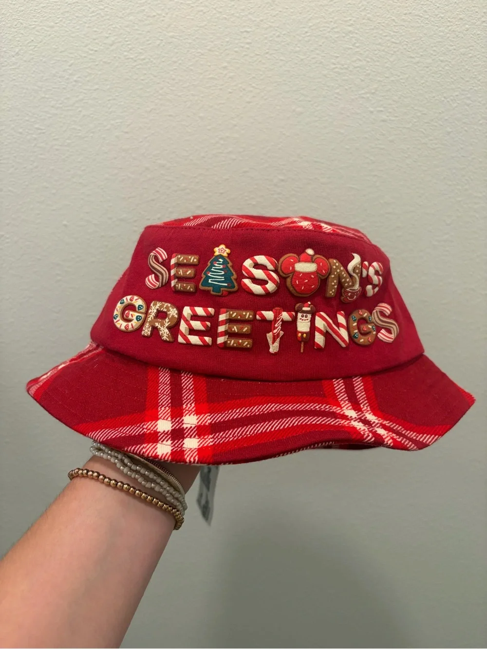 Disney Holiday Plaid 'Seasons Greetings' Bucket Hat - Red